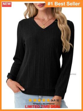 Womens Long Sleeve V Neck Lightweight Ribbed Knit Tunic Sweater Pullover